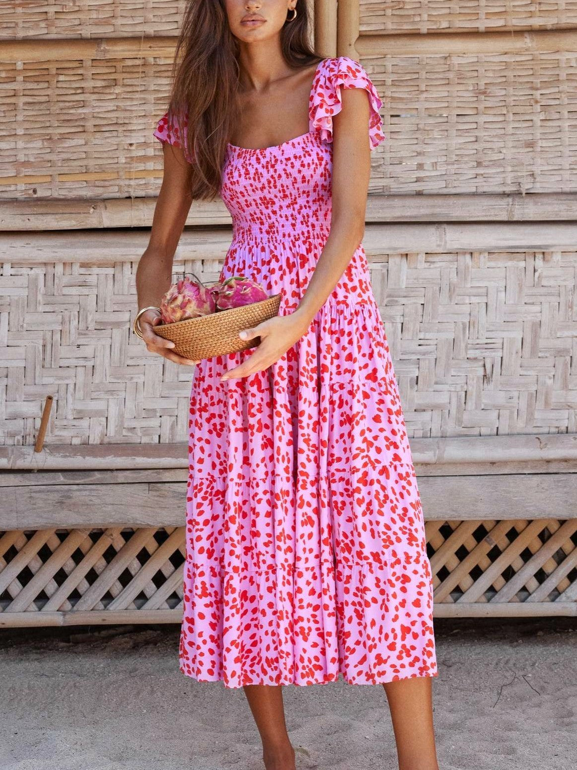 Flutter Sleeve Smocked Tiered Maxi Dress - PinkDots - 2