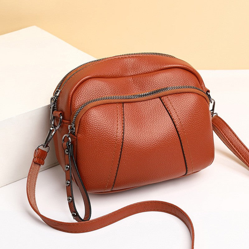 Pebbled Triple Zip Dome Crossbody Bag - Cognac