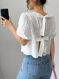 Eyelet Lace Bow Back Puff Sleeve Blouse - White