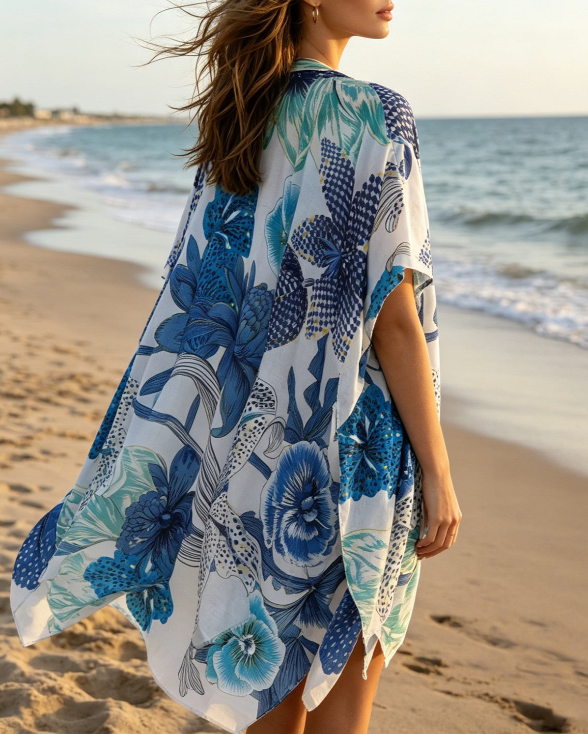 Botanical Print Sheer Beach Kimono Cover Up - NO-5