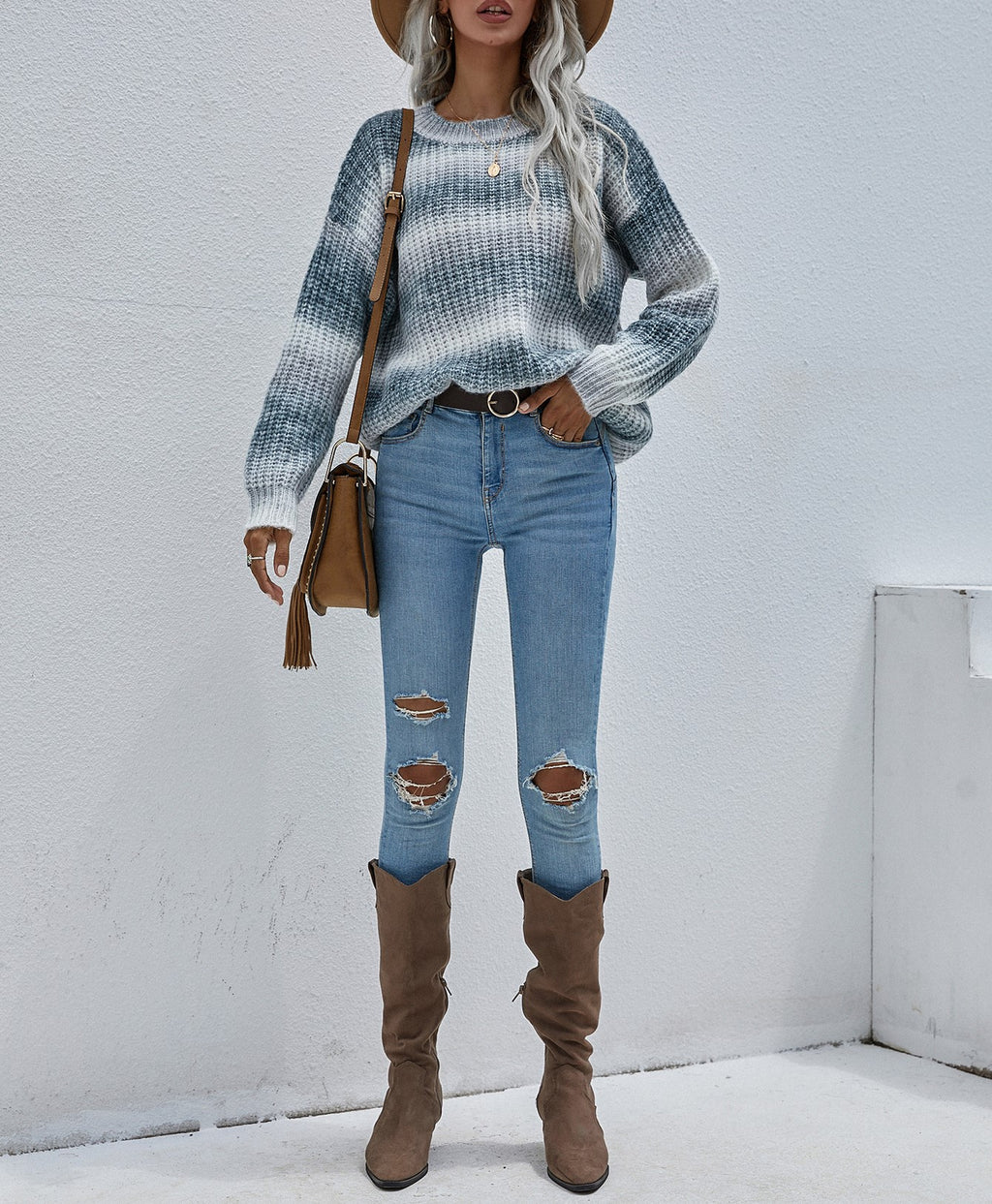 Ombre Stripe Crewneck Knit Sweater - Grey - 2