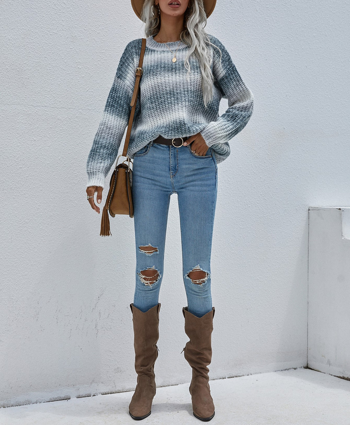 Ombre Stripe Crewneck Knit Sweater - Grey - 2