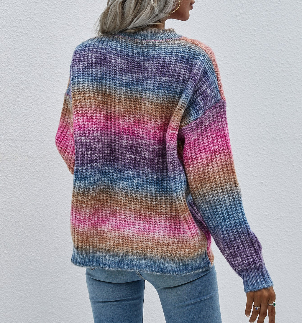 Ombre Stripe Crewneck Knit Sweater - Purple - 1