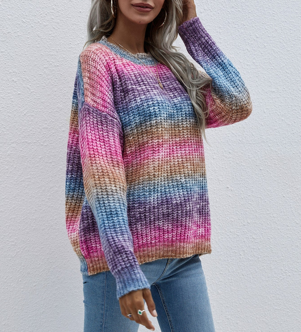 Ombre Stripe Crewneck Knit Sweater - Purple - 2