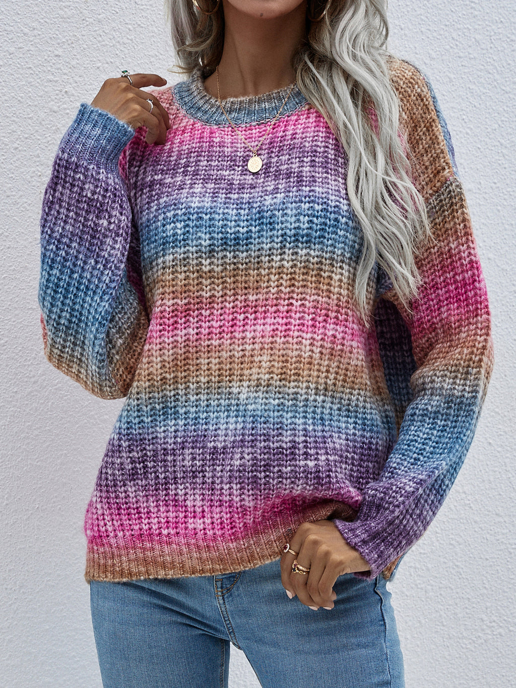 Ombre Stripe Crewneck Knit Sweater - Purple - 3