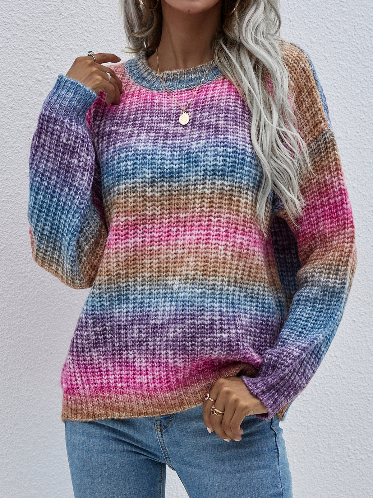Ombre Stripe Crewneck Knit Sweater - Purple - 3