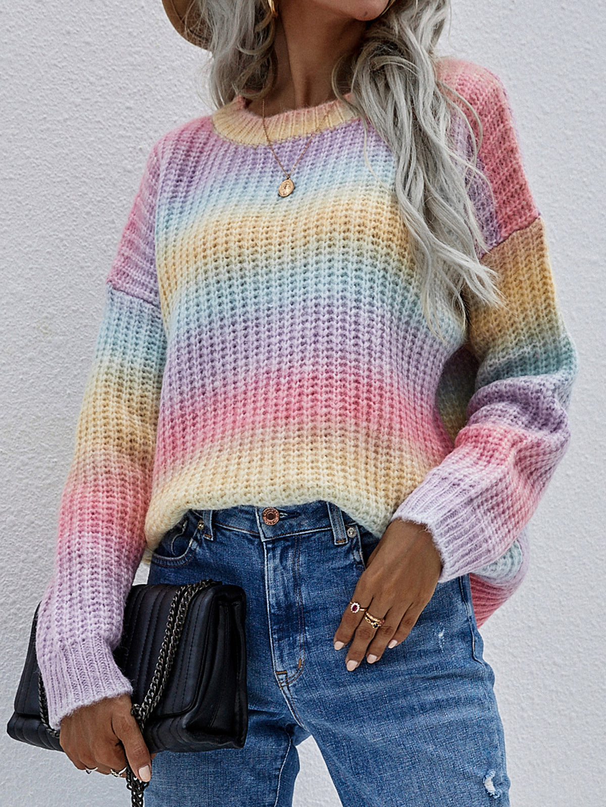 Ombre Stripe Crewneck Knit Sweater - Rainbow - 1