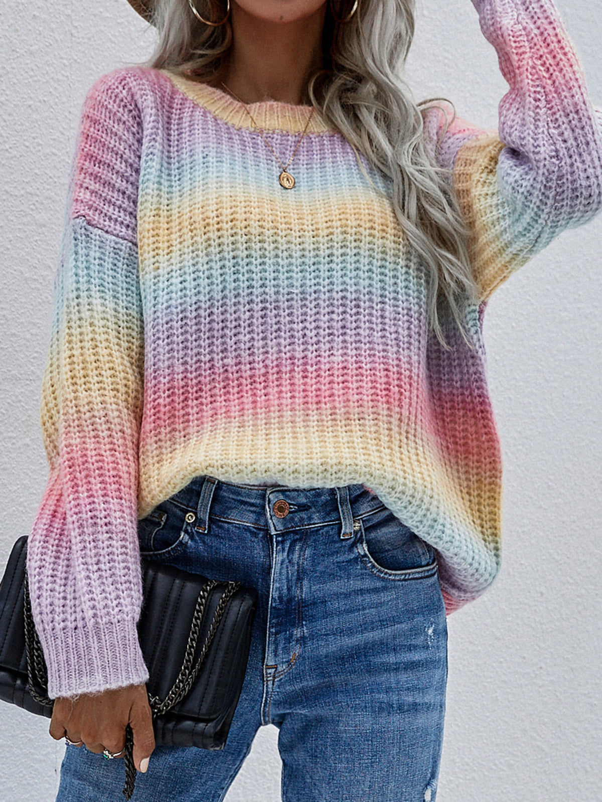 Ombre Stripe Crewneck Knit Sweater - Rainbow - 2