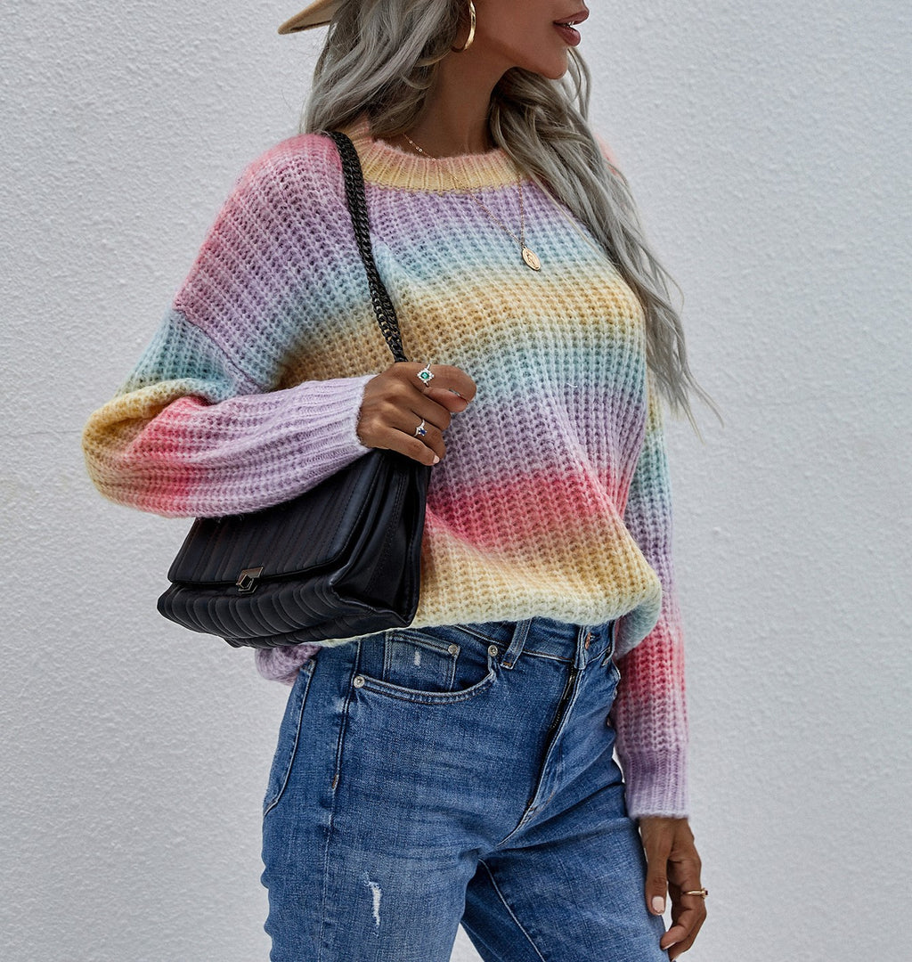 Ombre Stripe Crewneck Knit Sweater - Rainbow - 3