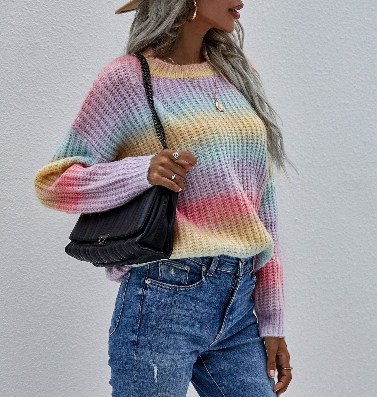 Ombre Stripe Crewneck Knit Sweater - Rainbow - 3