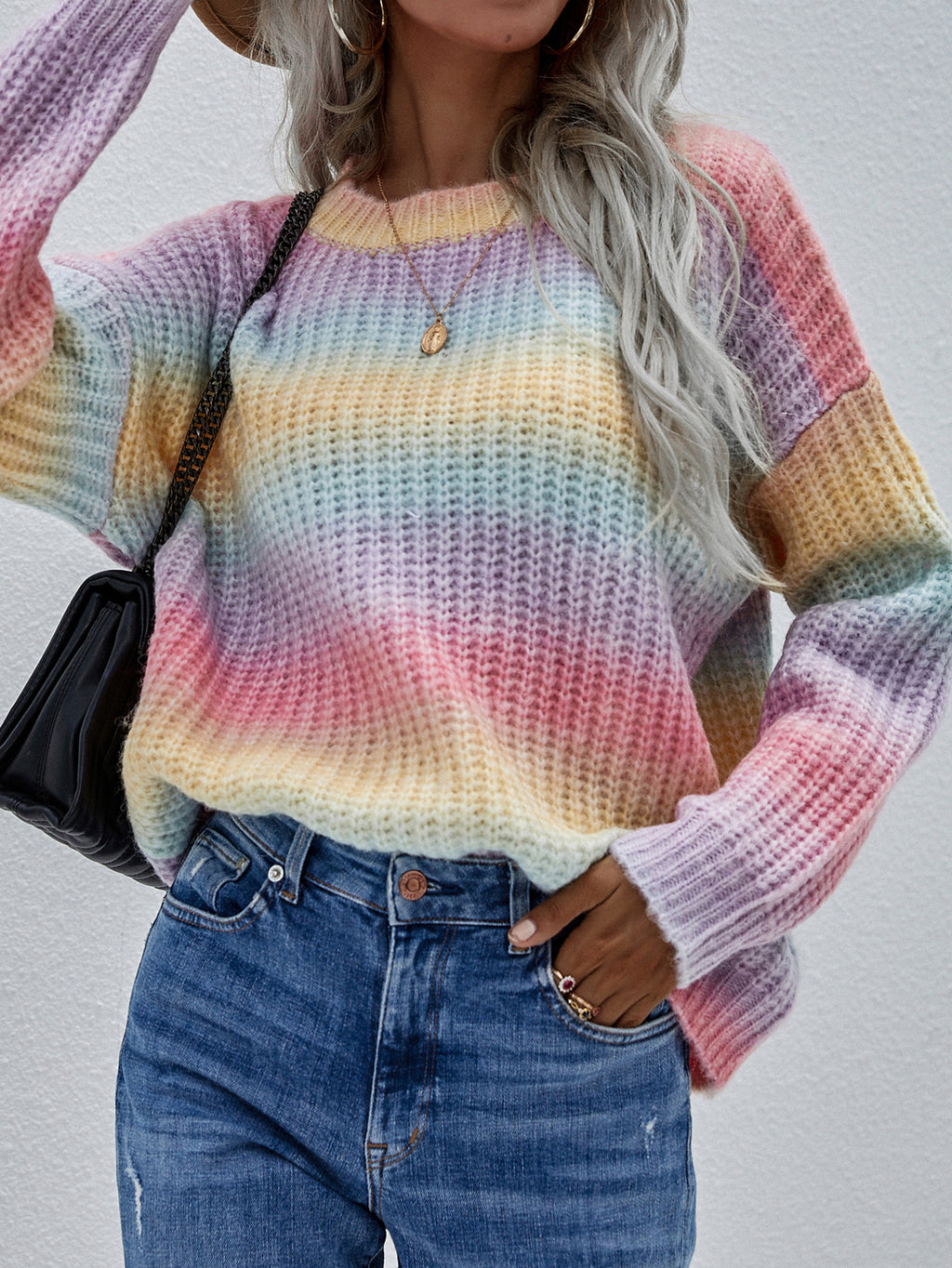 Ombre Stripe Crewneck Knit Sweater - Rainbow - 4