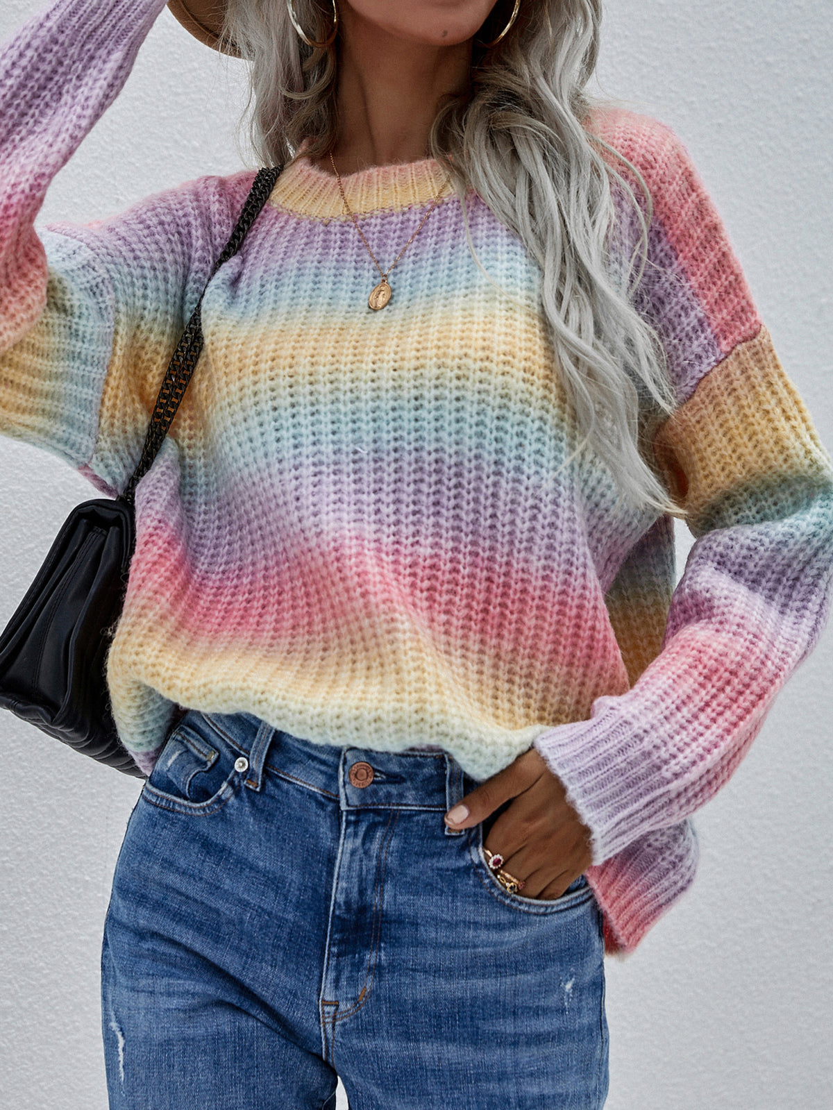 Ombre Stripe Crewneck Knit Sweater - Rainbow - 4