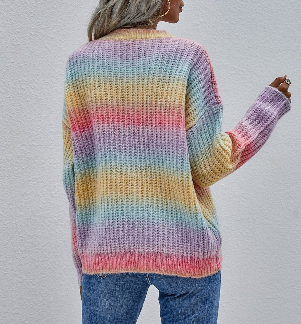 Ombre Stripe Crewneck Knit Sweater - Rainbow - 5
