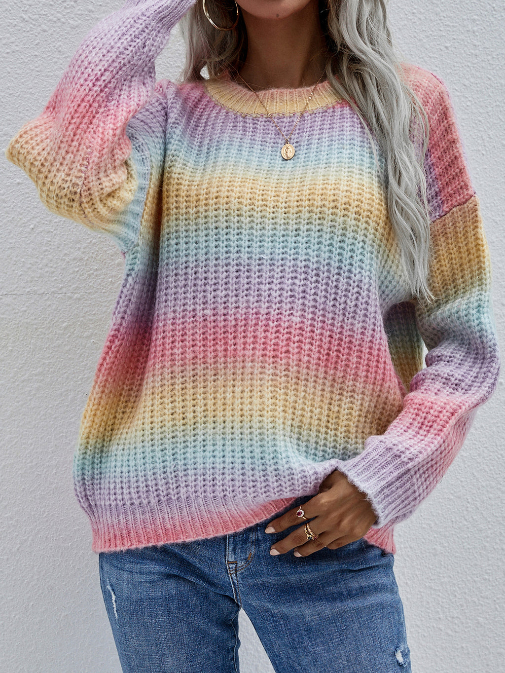 Ombre Stripe Crewneck Knit Sweater - Rainbow - 6