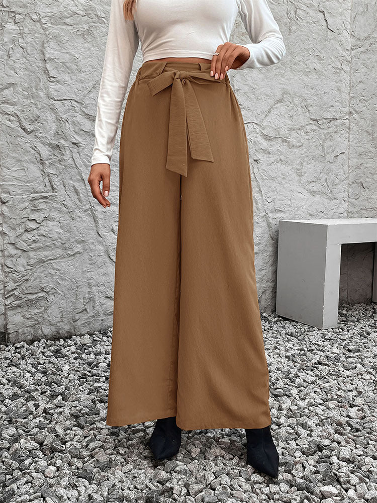 Tie Waist Flowy Wide Leg Palazzo Pants - Khaki
