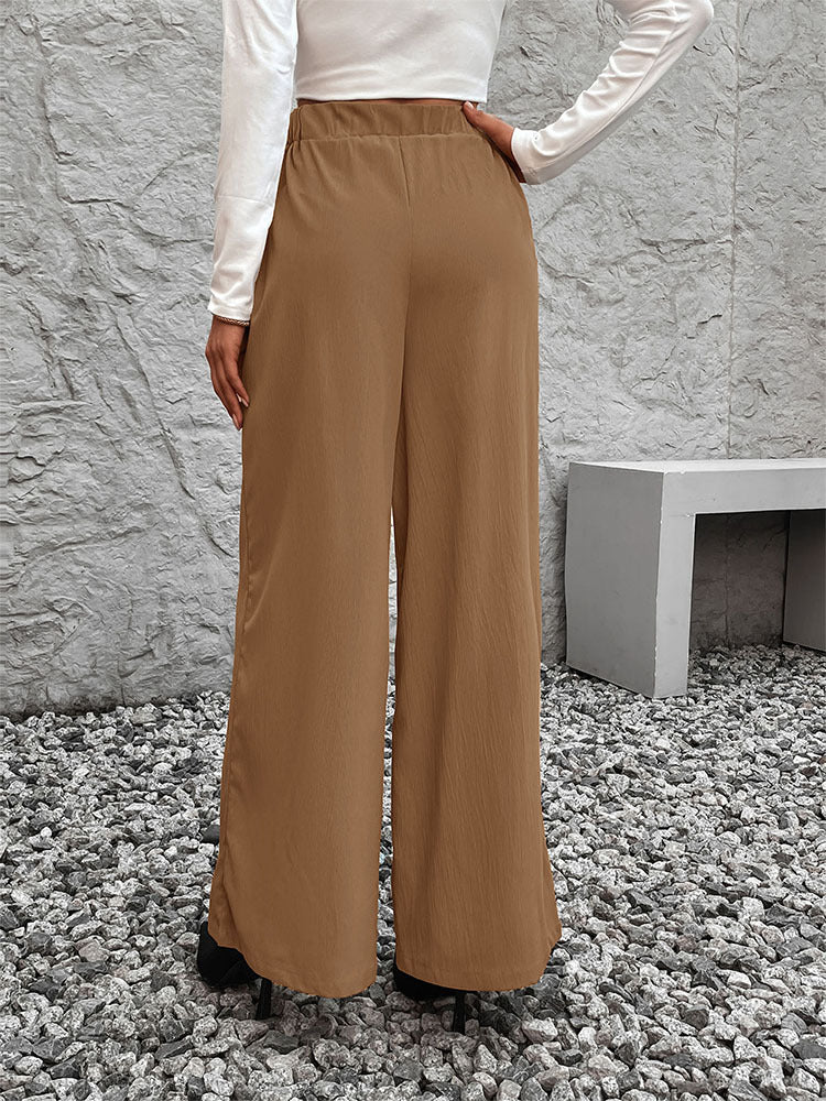 Tie Waist Flowy Wide Leg Palazzo Pants - Khaki - 1