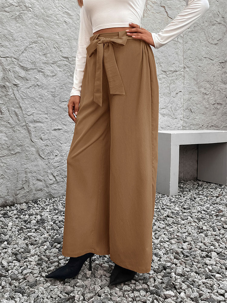 Tie Waist Flowy Wide Leg Palazzo Pants - Khaki - 2