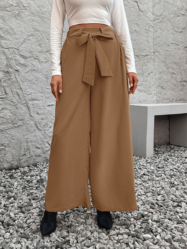 Tie Waist Flowy Wide Leg Palazzo Pants - Khaki - 3