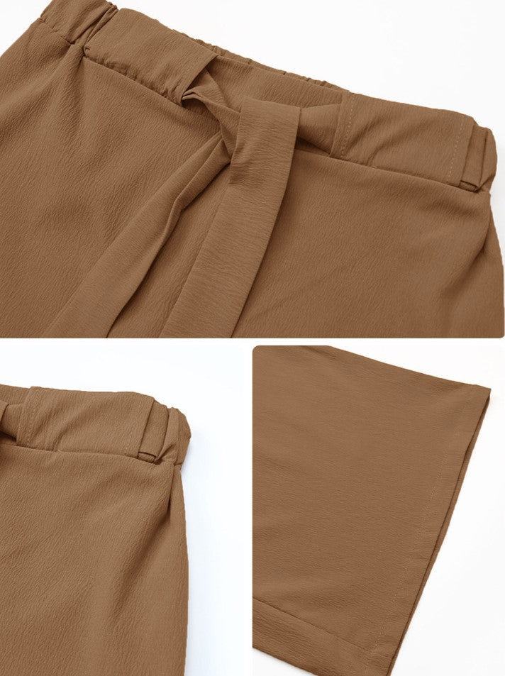 Tie Waist Flowy Wide Leg Palazzo Pants - Khaki - 4