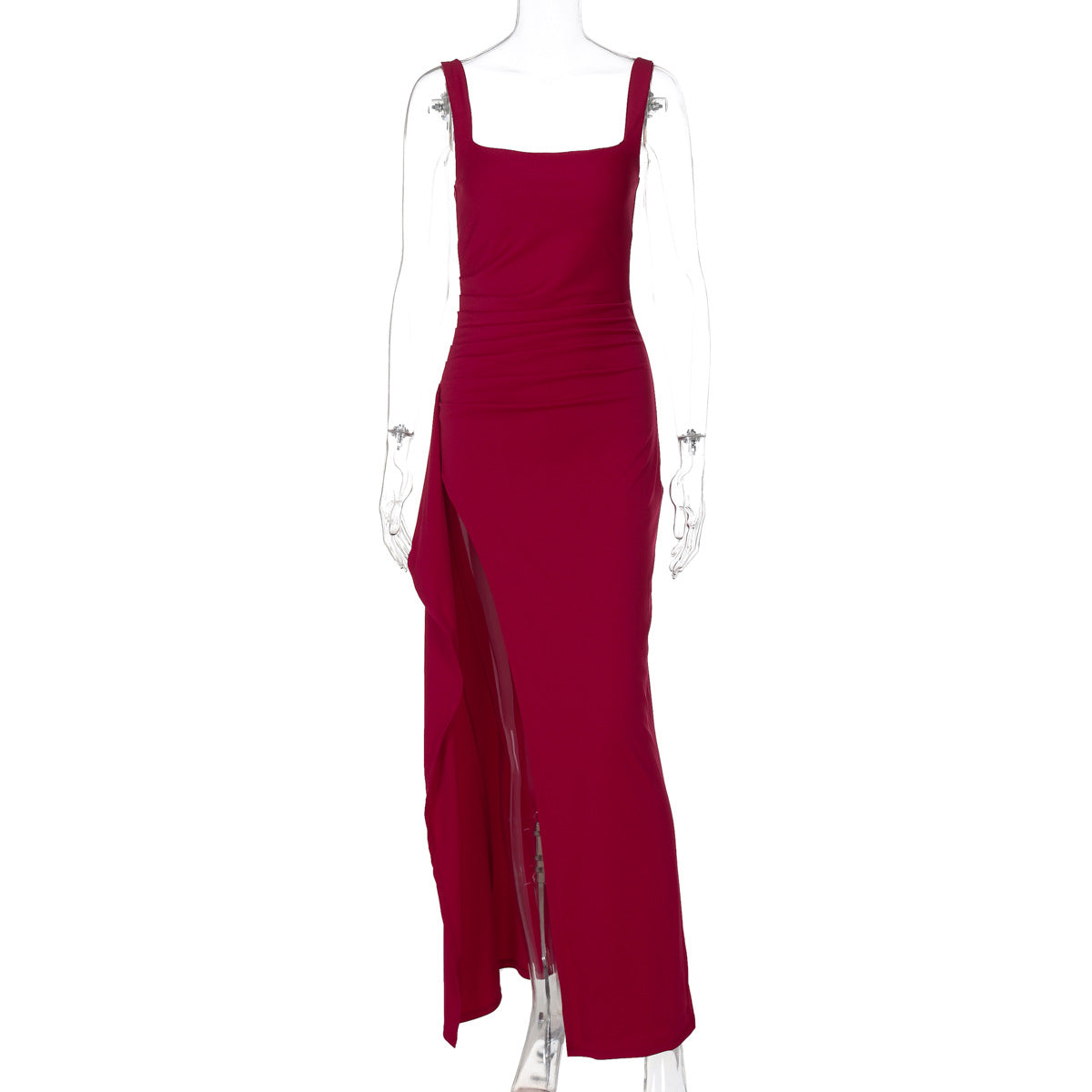 Square Neck High Slit Bodycon Maxi Dress - WineRed