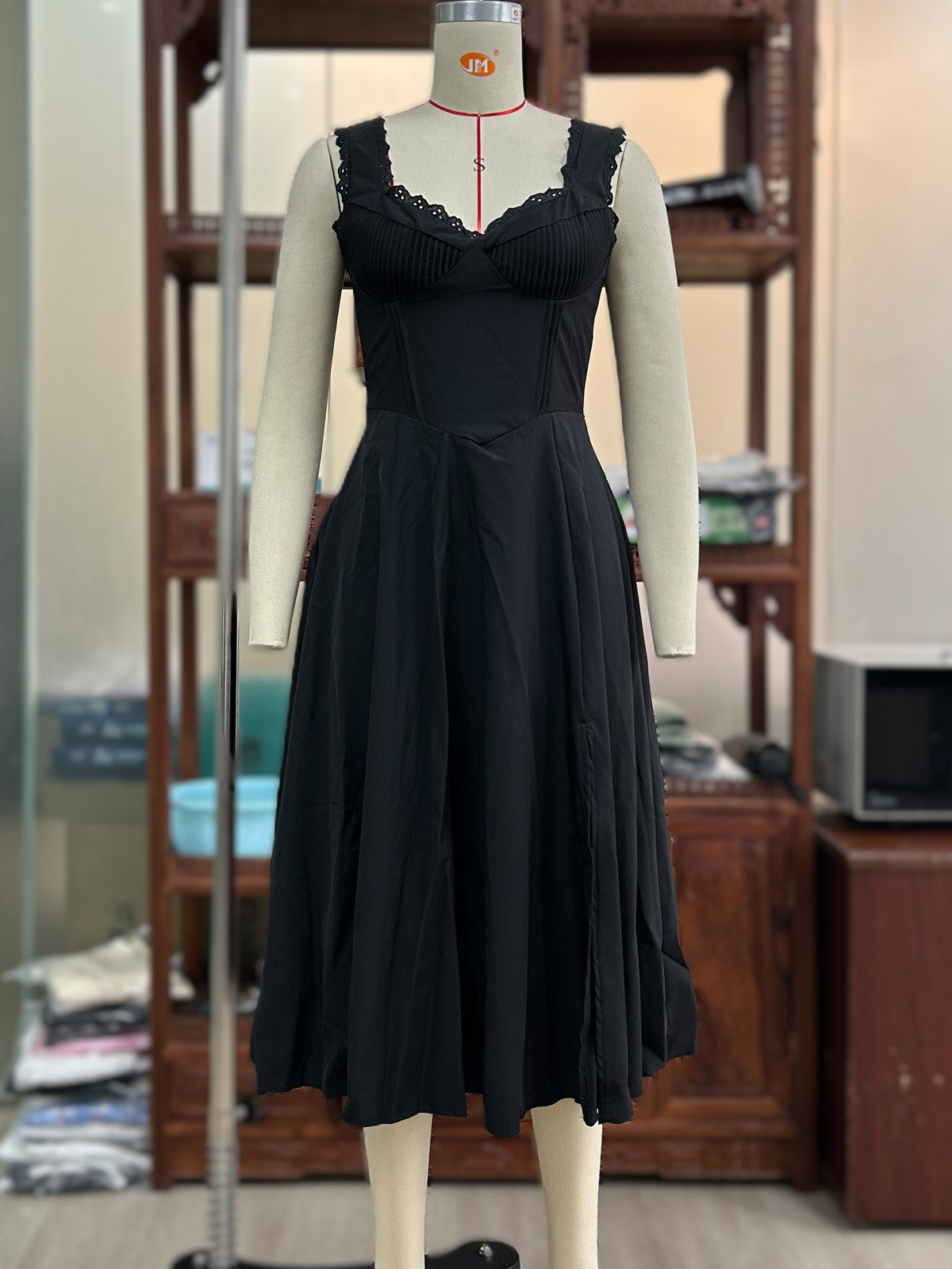 Lace Trim Sweetheart Corset Midi Dress - Black