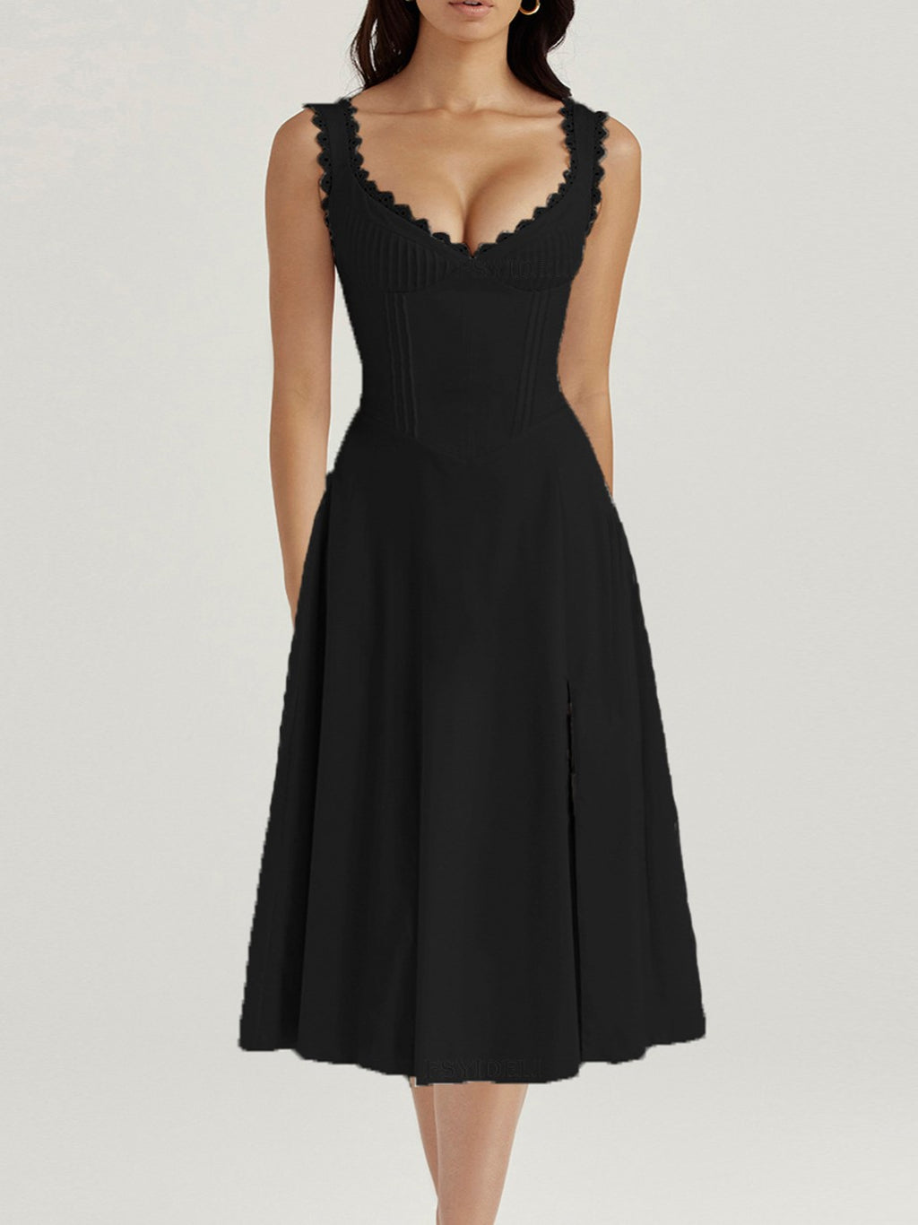 Lace Trim Sweetheart Corset Midi Dress - Black - 1