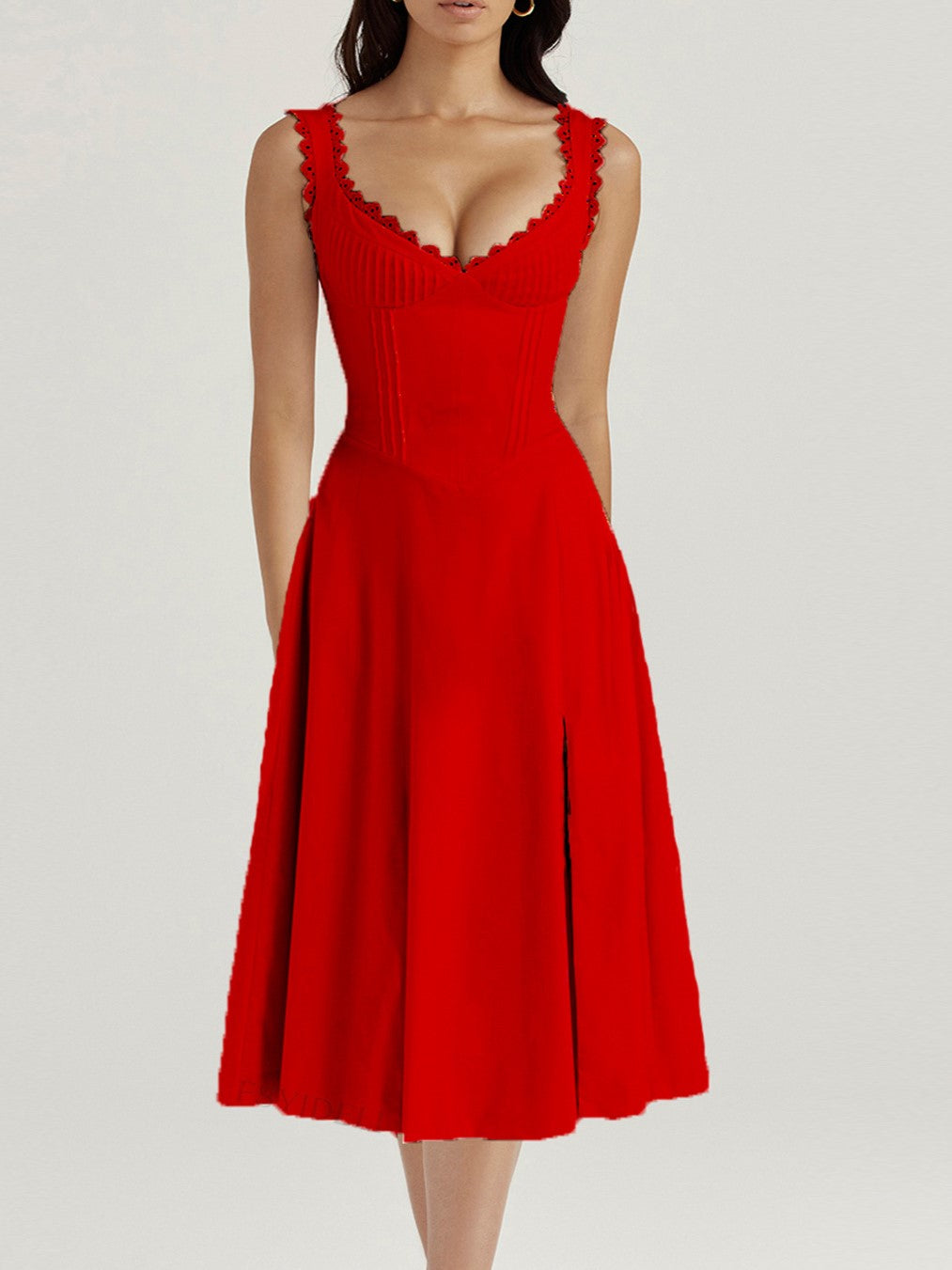 Lace Trim Sweetheart Corset Midi Dress - Red - 1