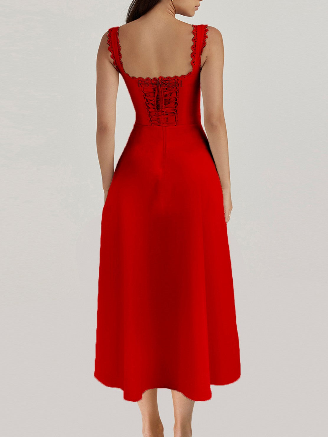 Lace Trim Sweetheart Corset Midi Dress - Red - 2