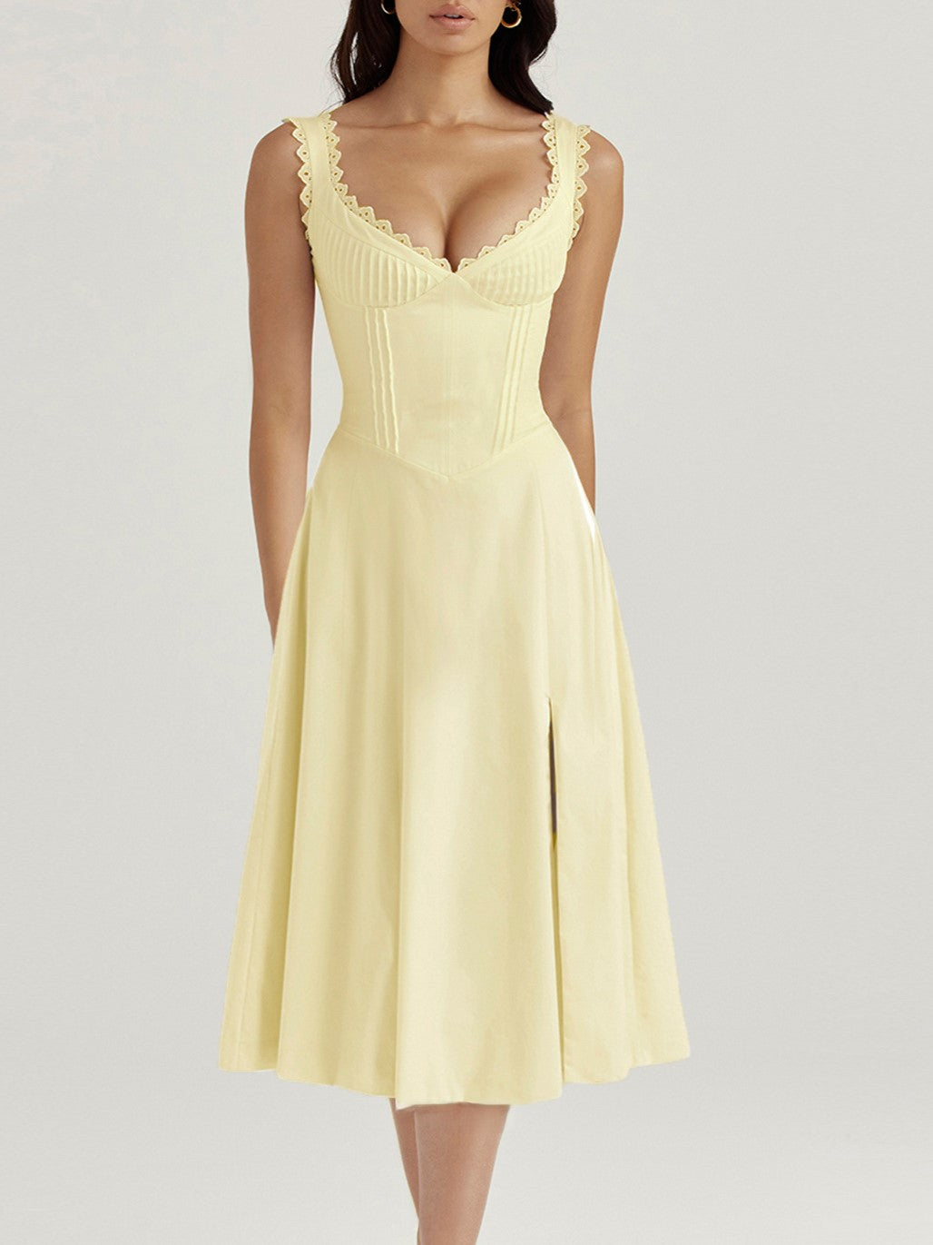 Lace Trim Sweetheart Corset Midi Dress - Yellow