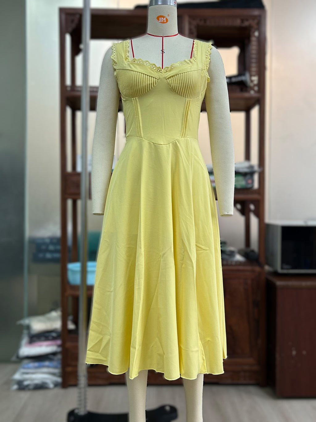 Lace Trim Sweetheart Corset Midi Dress - Yellow - 1