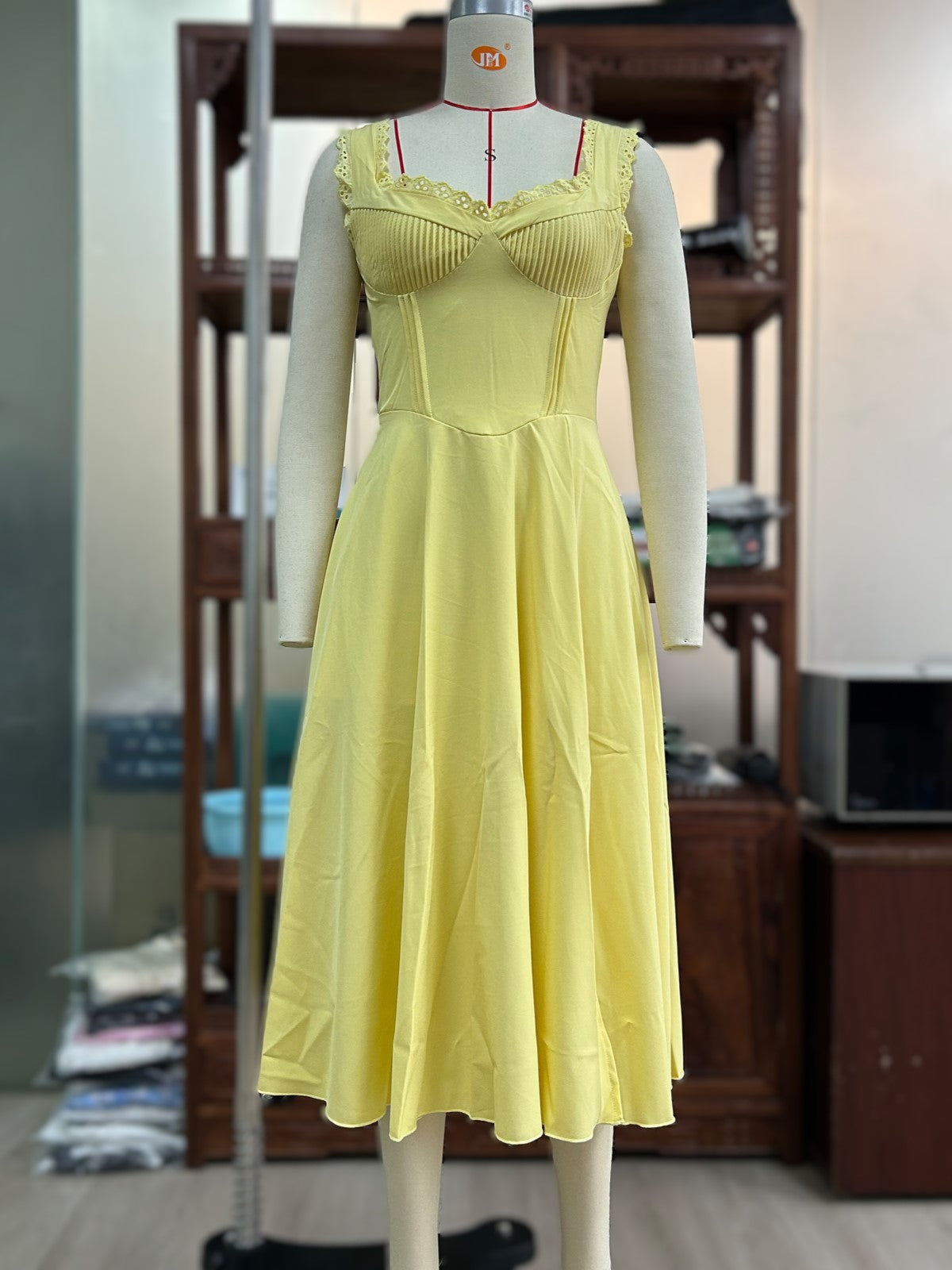 Lace Trim Sweetheart Corset Midi Dress - Yellow - 1