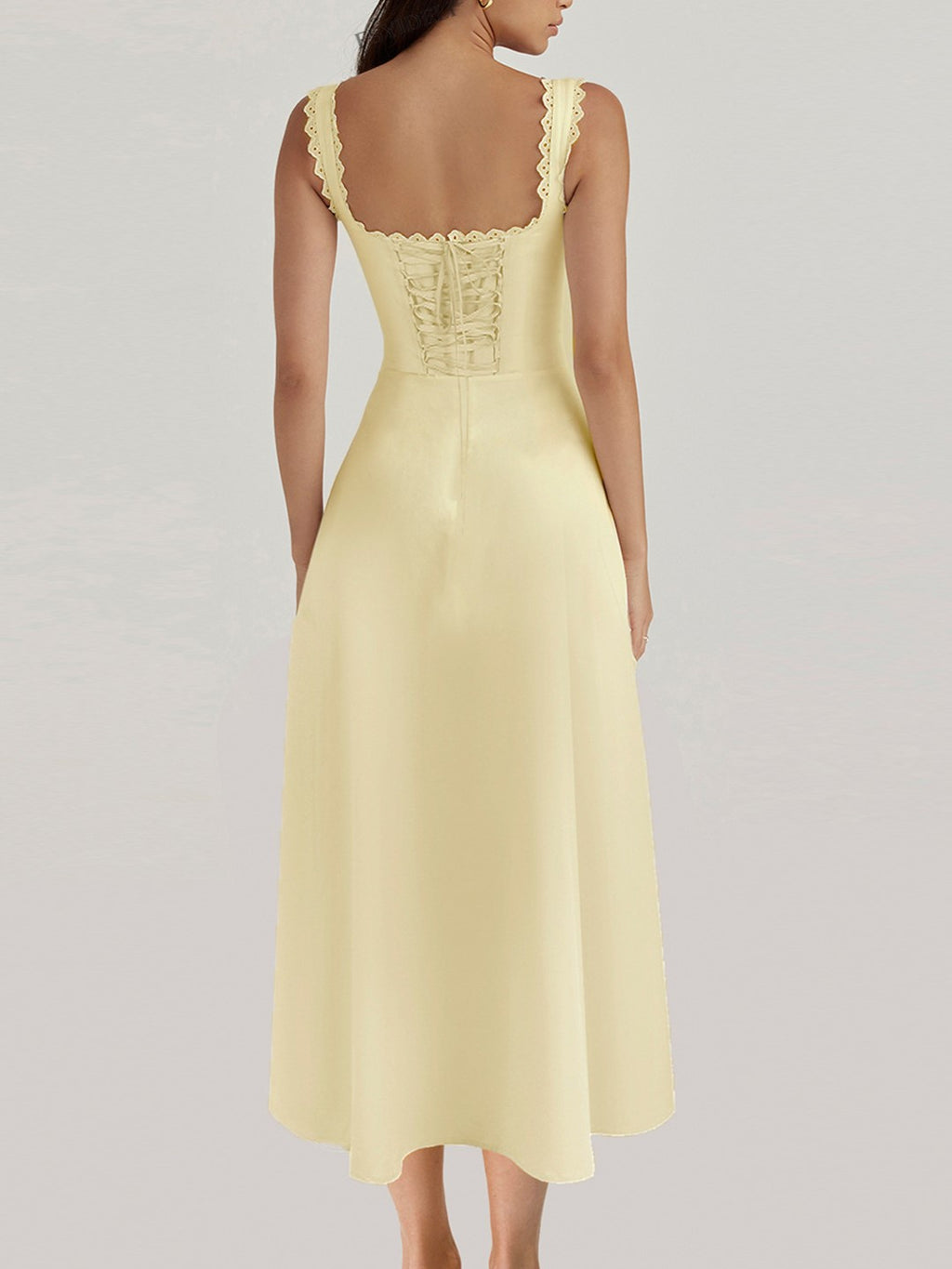 Lace Trim Sweetheart Corset Midi Dress - Yellow - 2