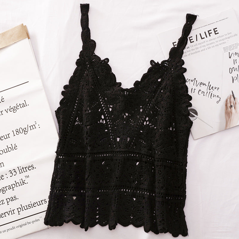 Scalloped Lace Crochet Cami Top - Black