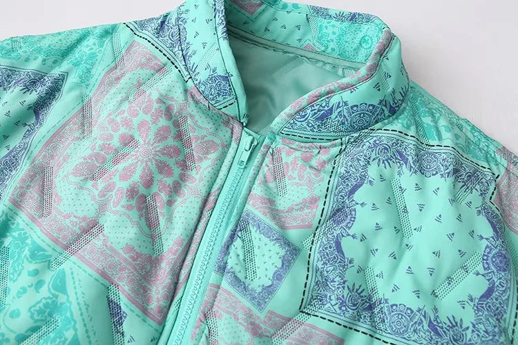 Bandana Paisley Print Zip Up Jacket - Green - 1