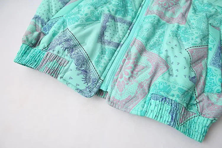 Bandana Paisley Print Zip Up Jacket - Green - 4