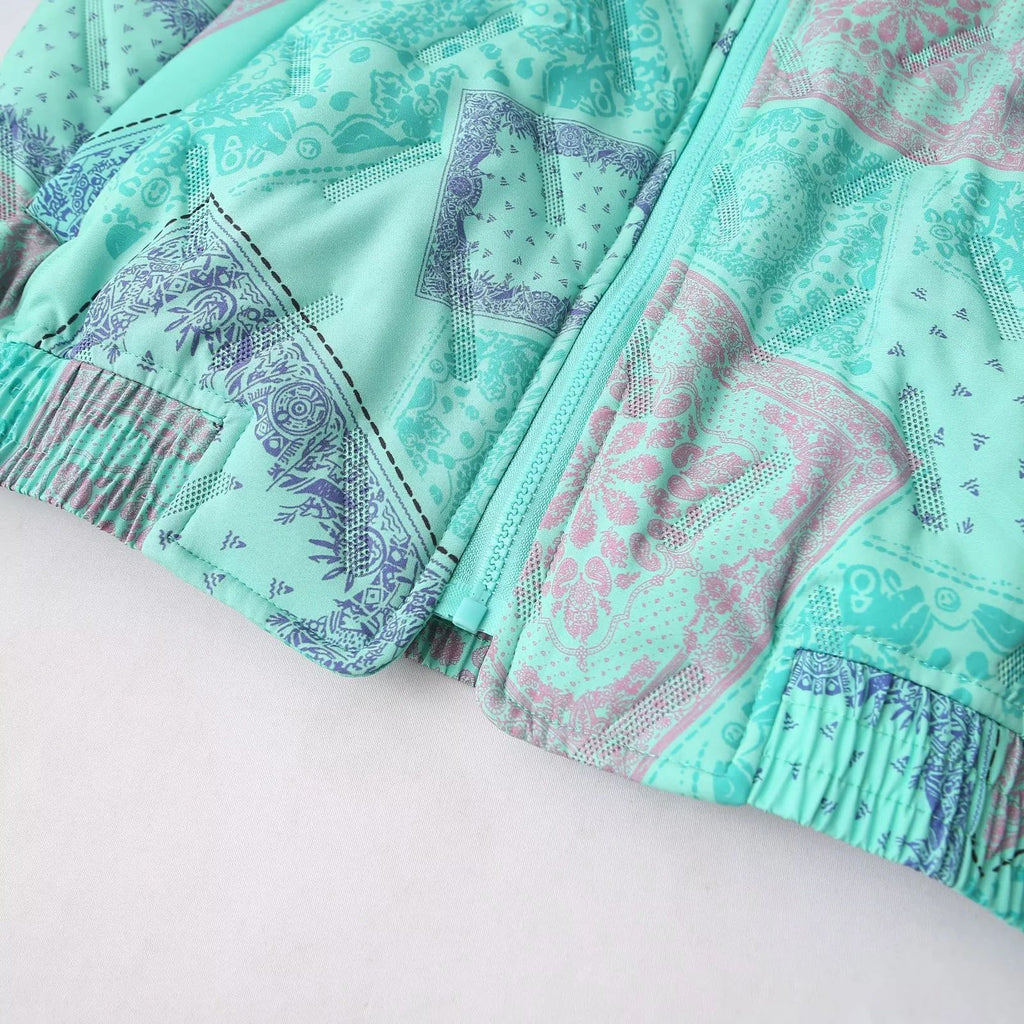 Bandana Paisley Print Zip Up Jacket - Green - 8