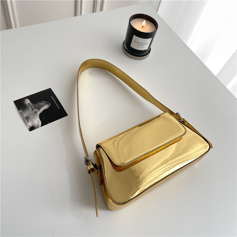 Metallic Flap Baguette Shoulder Bag - Gold