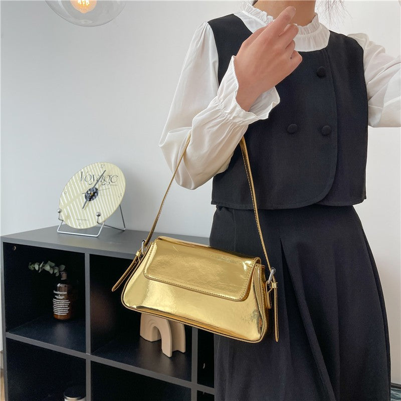 Metallic Flap Baguette Shoulder Bag