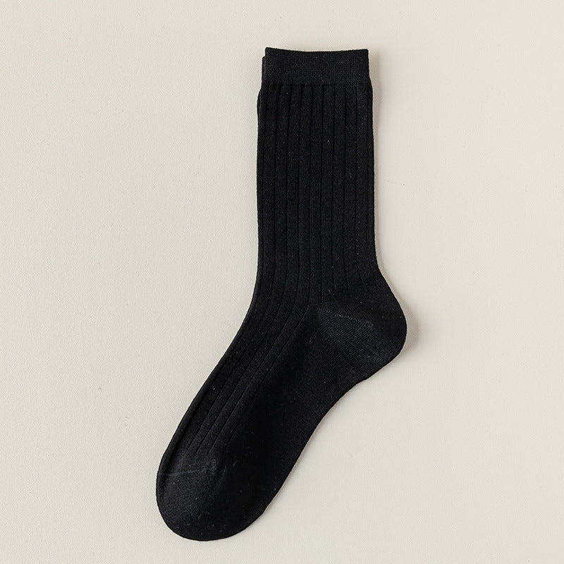Fine Rib Cotton Slouch Crew Socks - Black