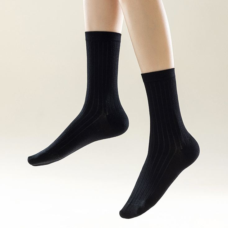 Fine Rib Cotton Slouch Crew Socks - Black - 1