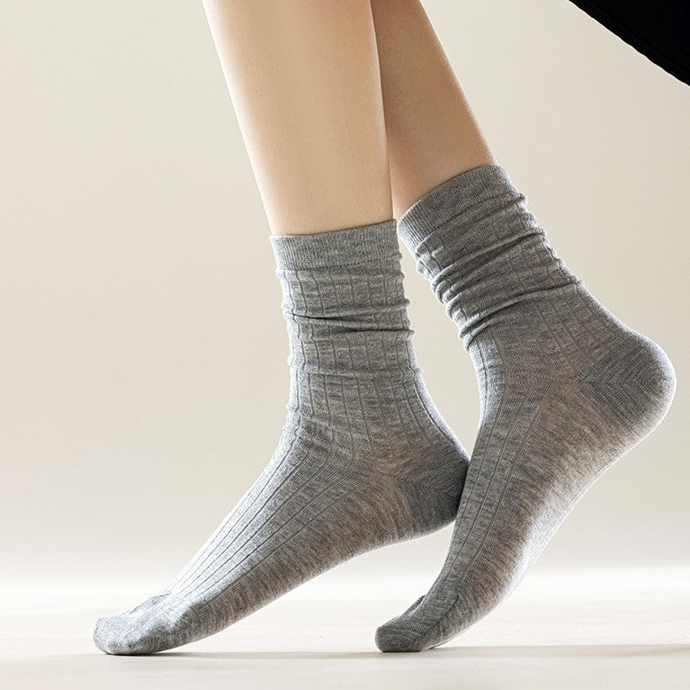 Fine Rib Cotton Slouch Crew Socks - Gray - 1
