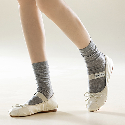Fine Rib Cotton Slouch Crew Socks - Gray - 2