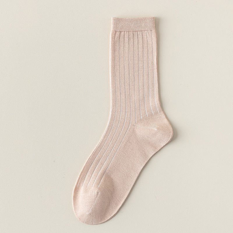 Fine Rib Cotton Slouch Crew Socks - Pink