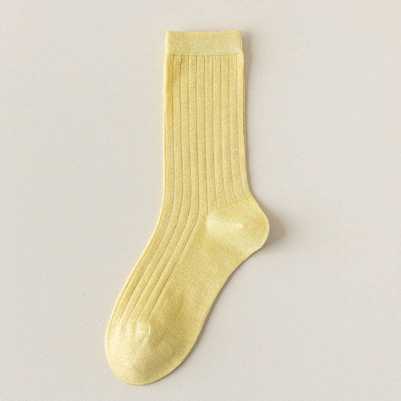 Fine Rib Cotton Slouch Crew Socks - Yellow