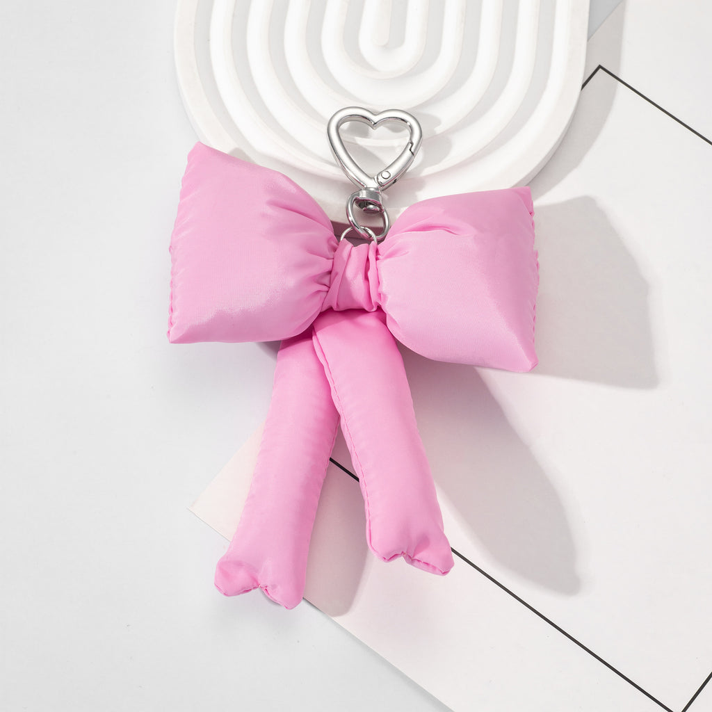 Padded Oversized Bow Keychain With Heart Ring - Pink