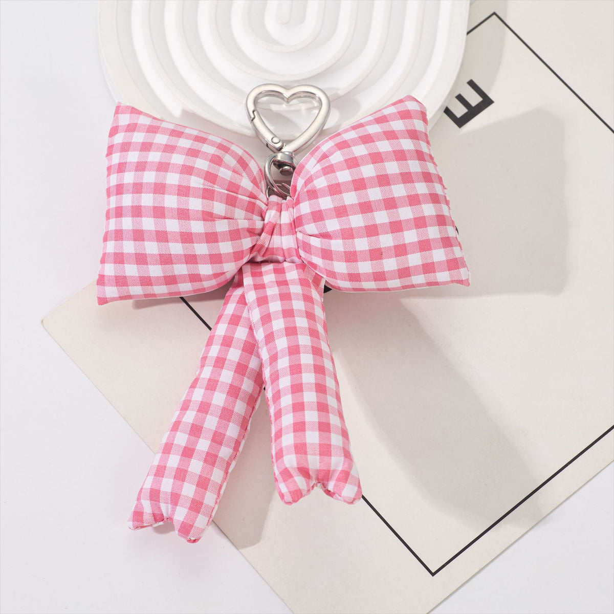 Padded Oversized Bow Keychain With Heart Ring - PinkGrid