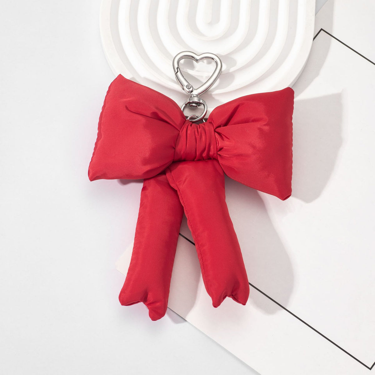 Padded Oversized Bow Keychain With Heart Ring - Red