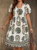Medallion Floral Print Flutter Sleeve Shift Dress - White