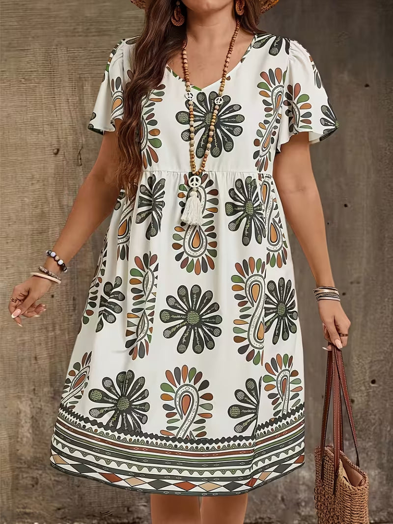 Medallion Floral Print Flutter Sleeve Shift Dress - White