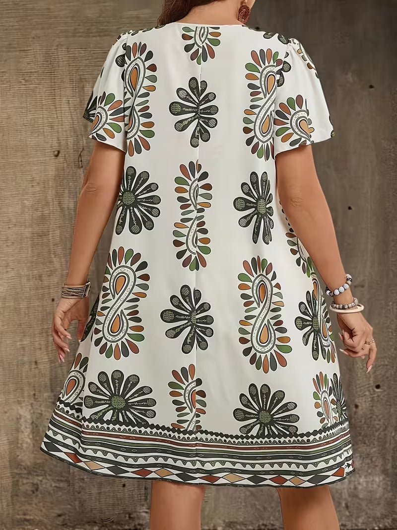 Medallion Floral Print Flutter Sleeve Shift Dress